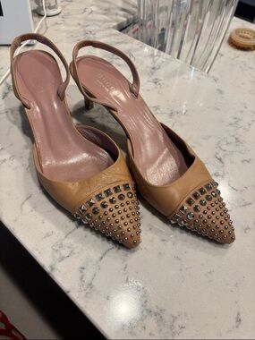 Gucci: Studded Tan Slingback Pointed-Toe Heels
